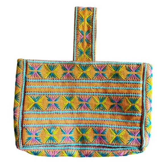 VTG Embroidered Burlap Jute Purse Bag Women Multicolor Crewel Folk Boho Beach - Picture 1 of 7